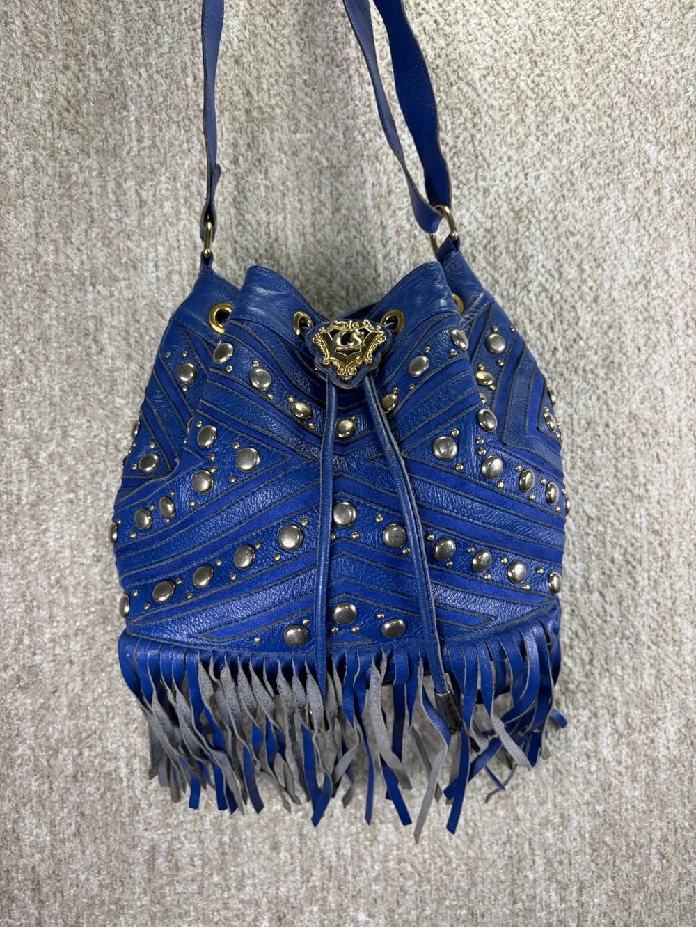 Authentic Carmen Steffens Electric Blue Studded & Fringed Leather Bucket Bag